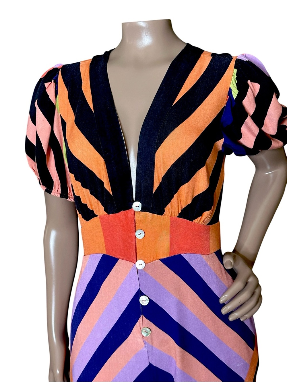 FARM Rio Deep V Wide Leg Jumpsuit Colorful Geometric Button Front Pockets Sz XS - Picture 4 of 13